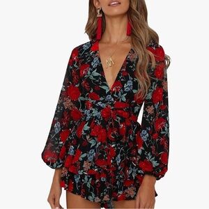 RELIPOP - FLORAL FLARED SLEEVED RUFFLE HEM ROMPER